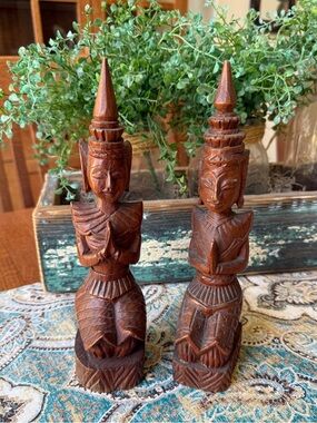 Hand Carved Wood Figurines Pair Thai Style Balinese Myanmar Temple Dancer Statue